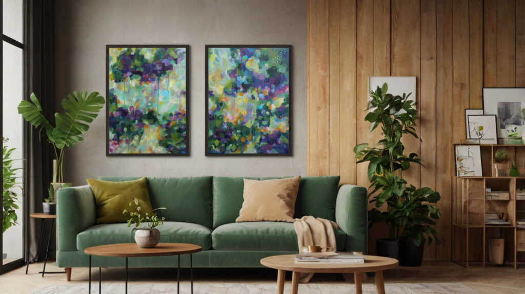Mockup Abstrakte impressionistische gruen lila gelbe Malerei Regenwald