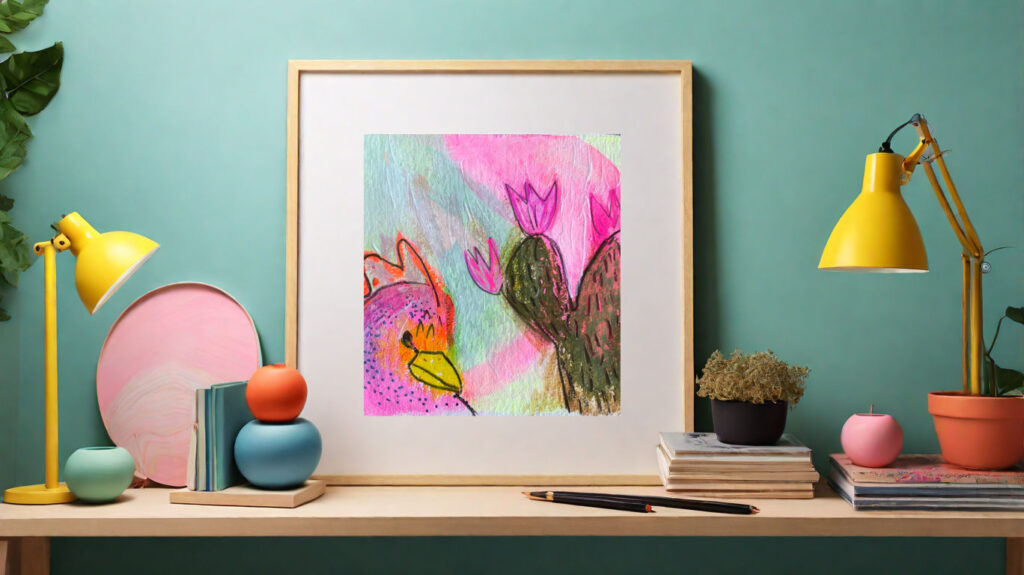 Illustration "Chicken and Cactus" von der Künstlerin VleoArt zeigt ein pinkes Huhn und einen blühenden Kaktus