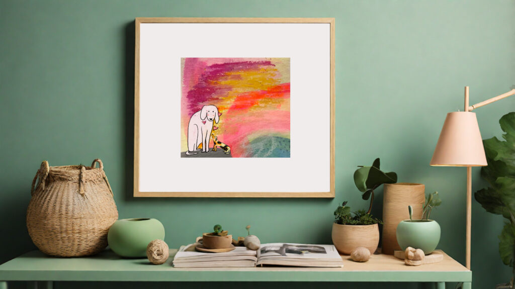 Illustration " Dog Love" von der Künstlerin VleoArt zeigt zwei verliebte Hunde im Comicstil vor einem abstrakten Sonnenuntergang gerahmt an der Wand
