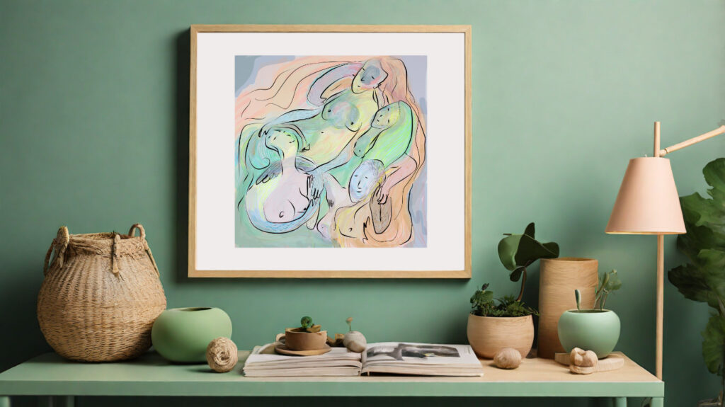 Illustration " Sisterhood" von der Künstlerin VleoArt zeigt vier nackte Frauen in Pastelltönen, gerahmt an der Wand
