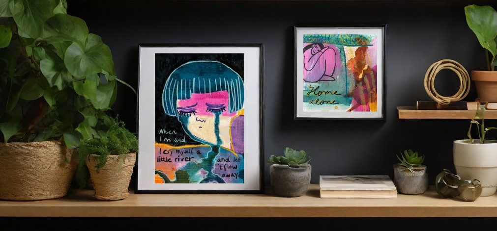 Illustration "Cry myself a River" von der Künstlerin VleoArt zeigt eine weinende Frau, gerahmt auf einem Regal